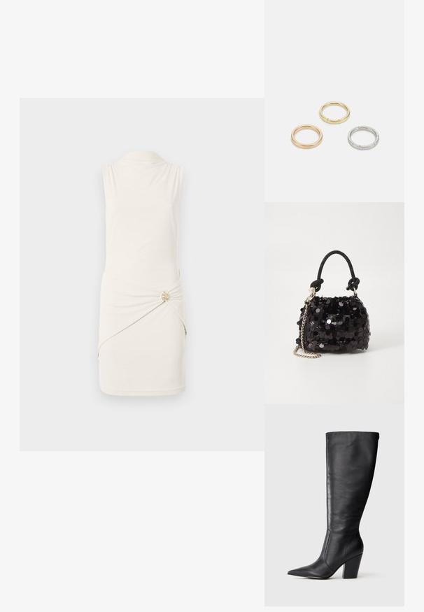 Robe sans manches crème avec un col, taille cintrée présentant un bouton doré décoratif, et détail de tissu drapé sur le côté.; Botte en cuir noire à hauteur de genou avec bout pointu et talon large, présentée en profil latéral gauche sur fond blanc.; Mini sac à main en sequins noirs avec une bandoulière texturée nouée et une chaîne argentée. Forme arrondie avec un haut froncé et des détails réfléchissants.; Trois anneaux en métal : un en or rose, un en or avec des accents texturés, et un en argent, tous avec une gravure de marque à l'intérieur de la bande.