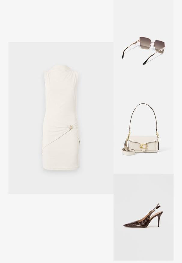 Abito senza maniche di colore crema con colletto, vita cinte con un bottone decorativo dorato e dettaglio di tessuto drappeggiato sul lato.; Slingback pump in pelle marrone con effetto coccodrillo, punta appuntita, lati aperti e tacco alto sottile. Progettato con regolazione a fibbia.; Occhiali da sole con montatura metallica oro rosa, lenti angolari sfumate da marrone scuro a chiaro e motivo tartaruga sulle aste.; Borsa a mano in pelle crema con un design strutturato, bordi neri a contrasto, hardware dorato e tracolla rimovibile con logo distintivo.