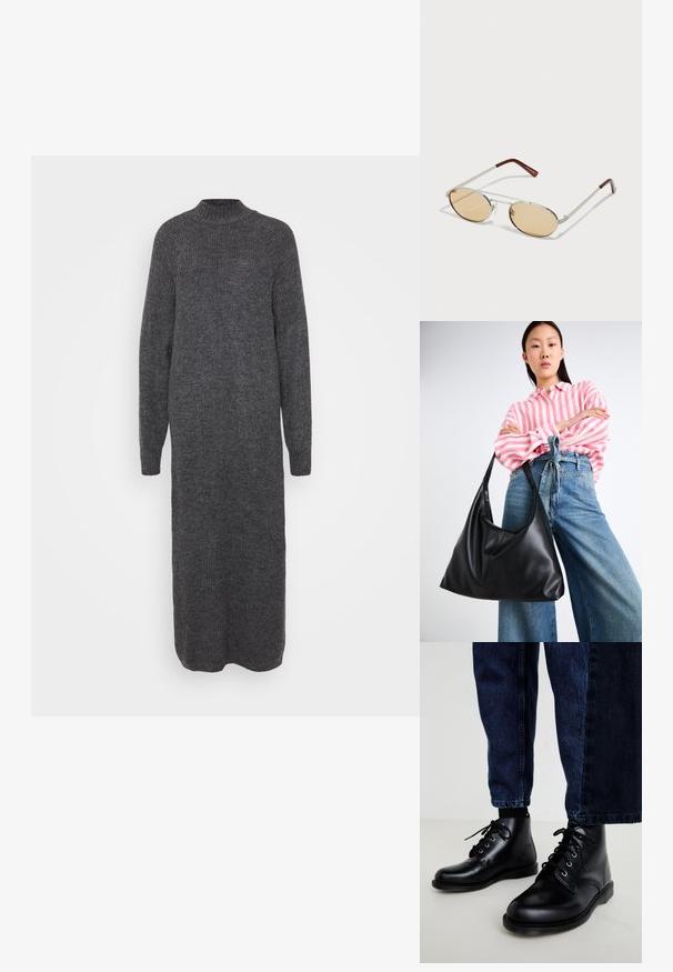 Vestido de malha longo, cinza escuro, com gola alta e mangas longas; apresenta um padrão texturizado e em nervuras. O design é ajustado ao corpo e tem comprimento até ao chão.; Botas de tornozelo de couro preto com bicos redondos, design com atacadores e ilhós de metal. Usadas com calças de denim azul-escuras, com corte reto.; Óculos de sol metálicos com lentes ovais de tom castanho claro. Armação prateada fina com detalhes texturizados e extremidades castanho avermelhado nas hastes.; Bolsa de ombro em couro preto com uma forma descontraída e detalhes costurados. O modelo usa uma camisa listrada em rosa e branco com jeans de perna larga azul.