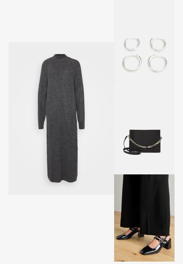 Abito lungo in maglia grigio scuro con collo alto e maniche lunghe; presenta un motivo a costine texture. Il design è aderente e arriva fino al pavimento.; Scarpe slingback in pelle verniciata nera con punta quadrata, dotate di doppie cinghie regolabili alla caviglia e tacchi a blocco. Finitura liscia e lucida.; Borsa a tracolla nera in pelle con una texture liscia, forma rettangolare e dettaglio in catena metallica sul davanti. Inclusa una tracolla regolabile.; Orecchini a cerchio in argento, con una finitura liscia e lucidata. Due paia di dimensioni leggermente diverse. Design semplice e circolare, leggeri.
