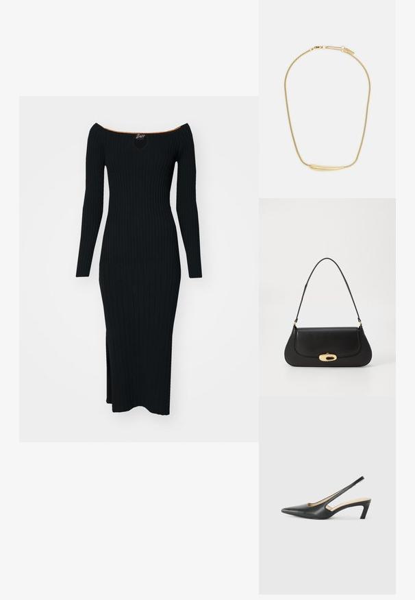 Juoda raukšlėta megzta suknelė su peties iškirpte, ilgomis rankovėmis ir šonine skeltuku. Papuošta raktų skylutės išpjova ir oranžiniu akcentu ant apykaklės.; Juodas smailus slingback batelis su žemu kulnu, pagamintas iš lygaus odos paviršiaus ir su išpjovomis šone, užtikrinančiomis oro pralaidumą.; Juodas odinis rankinės su išlenktu dizainu, auksinių atspalvių furnitūra ir viršutine rankena. Savybės - stilingas uždarymas ir glotni tekstūra.; Auksu padengta apyrankė su lygiu, įgaubtu centriniu akcentu. Pasižymi lankstoma grandinėle su vėžlio užsegimu ir papildomais reguliuojamais grandinėlių ryšiais.