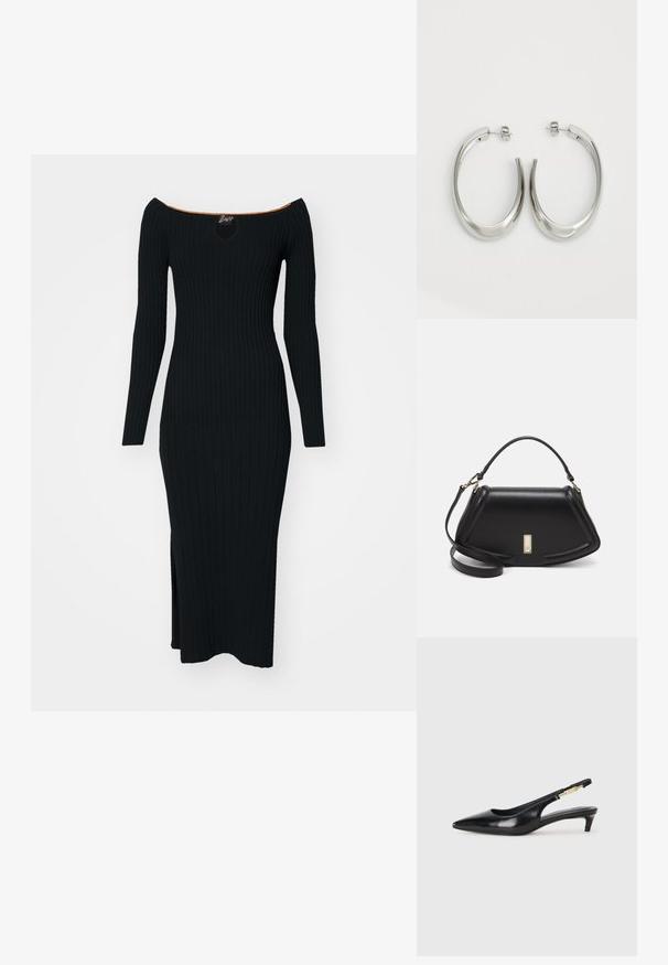Abito nero a costine con scollo off-shoulder, maniche lunghe e uno spacco laterale. Presenta un taglio a chiave e un accento arancione al colletto.; Tacchi slingback in pelle nera con punta affusolata, caratterizzati da un tacco alto e un accento dorato sulla cinghia regolabile. Texture liscia.; Borsa a mano in pelle nera con un design strutturato, caratterizzata da una forma corta, manico superiore e accessori in metallo dorato. Inclusa tracolla regolabile.; Orecchini a cerchio argentati con un design liscio e curvo. Presentano una finitura metallica lucida e una chiusura a perno. Nessun motivo o accentuazione visibile.