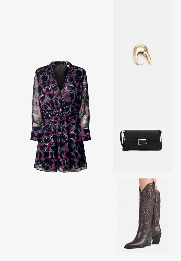 Vestido negro transparente con un patrón floral en púrpura, rosa y gris. Presenta mangas largas, una cintura ajustada y un collar.; Botas de vaquero de cuero marrón con punta afilada y tacón cuadrado, que presentan costuras detalladas y acentos elevados en el caño.; Bolso de mano de cuero negro con una solapa y un detalle de hebilla de metal dorado. Incluye una correa negra y un diseño elegante y minimalista.; Pendiente de metal en tono dorado con un diseño elegante y curvado. Presenta una forma puntiaguda distintiva, superficie pulida y cierre de bisagra.