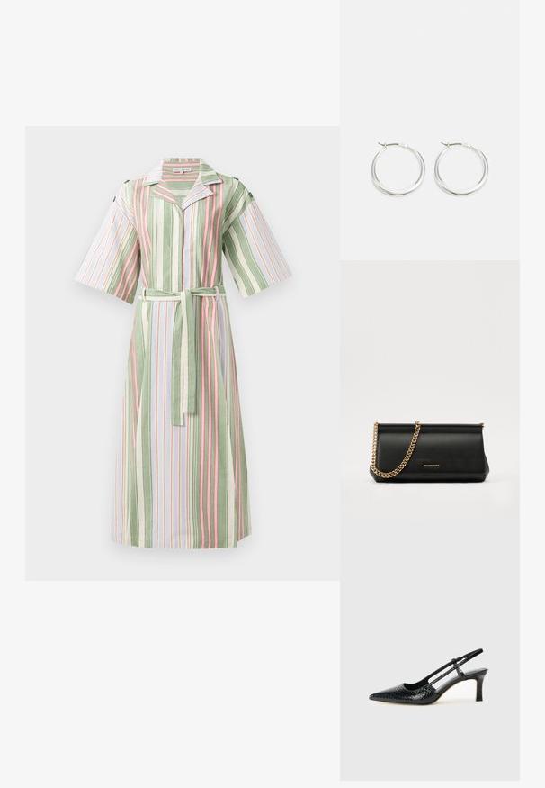 Vestido camisero a rayas con rayas verticales verdes, blancas y rosas, mangas cortas, colla y un cinturón a juego en la cintura.; Tacón slingback negro de charol con punta afilada, que presenta un estampado de serpiente texturizado, correa ajustable y un tacón bloque corto y texturizado.; Cartera de mano de piel negra con una correa de cadena dorada, que presenta una textura suave, forma rectangular y un logotipo en relieve en la parte frontal.; Los pendientes de aro de plata presentan un diseño suave y redondeado con un perfil delgado y un cierre seguro. Estilo minimalista con un acabado pulido.