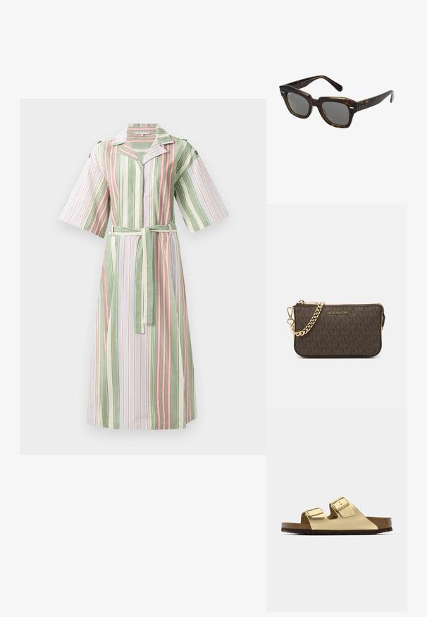 Rochie cu dungi, având dungi verticale verzi, albe și roz, cu mâneci scurte, guler și o curea asortată la talie.; Sandale din piele vegană aurie, cu două curele ajustabile, talpă din plută și talpă din cauciuc întunecat. Textură netedă cu un finisaj metalizat.; Ochelari de soare dreptunghiulari cu ramă din plastic cu model broască țestoasă, lentile închise la culoare și accente argintii pe laterale. Fabricat în Italia.; Geantă de umăr din piele maro, cu model logo, curea cu lanț aurit, închidere cu fermoar și accente aurii. Formă compactă și rectangulară.