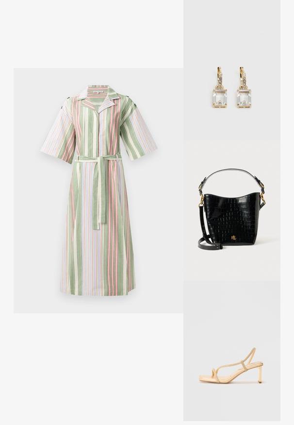 Csíkos ingruha zöld, fehér és rózsaszín függőleges csíkokkal, rövid ujjakkal, gallérral és derékban illeszkedő övvel.; Arany színű, pántos magassarkú szandál, díszített pántokkal, négyzetes orral és vékony blokkével a stabilitás érdekében.; Fekete krokodil bőrhatású táska ívelt formával, arany színű fémalkatrészekkel, állítható pánttal és logó részlettel elöl.; Aranyszínű fülbevalók, melyek egy téglalap alakú, tiszta kristállyal díszítették, ami egy sor kis, kerek, tiszta kiegészítő alatt lóg. Letisztult, modern dizájn.