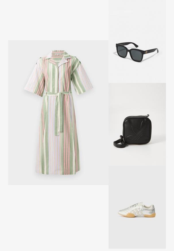 Randig klänning med gröna, vita och rosa vertikala ränder, korta ärmar, krage och ett matchande bälte runt midjan.; Silverfärgad sportskor med slät läderöverdel, gummisula och texturerade detaljer. Har en böjd design och tonala snören.; Svarta solglasögon med rektangulära linser, som har en blank yta och guldiga logotypdetaljer på bågarna. Mörkgrå linser ger UV-skydd.; Svart fyrkantig crossbody-väska i texturerat syntetmaterial. Har en präglad logodesign och justerbar rem. Dragkedjestängning.