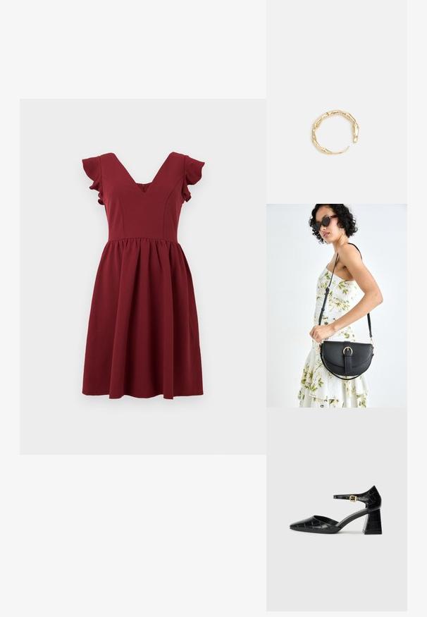 Burgundijska obleka A-linije s kratkimi nabrano krili, V-izrezom in nabrano krilo. Narejena iz mehke tkanine z gladko teksturo. Zadrga na hrbtu.; Črne patentne usnjene čevlje s visokimi petami, s koničastim nosom, trakcem okrog gležnja in teksturiranim kroko vzorcem. Oblikovanje kvadratne blokaste pete.; Črna usnjena torbica s ukrivljeno obliko, z odstranljivo naramnico in zlatimi dodatki. Torbica ima pokrov s podrobnostmi v obliki zaponke.; Zlati prstan s organskim, zvitim dizajnom, gladko površino in taperiranimi konci, ki ustvarja modernega, skulpturalnega videza.