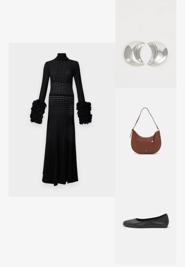 Long black dress with a high neck, featuring open knit design, puffed sleeves with textured accents, and a fitted silhouette.; Black leather ballet flat with a rounded toe, smooth texture, minimal stitching detail, and a flexible sole design.; Brown faux leather shoulder bag with curved shape, minimal stitching, and a gold-tone hardware accent. Features a top zipper closure and adjustable strap.; Silver crescent-shaped earrings with a polished finish, featuring smooth curves and reflective surfaces, creating a sleek, modern design.