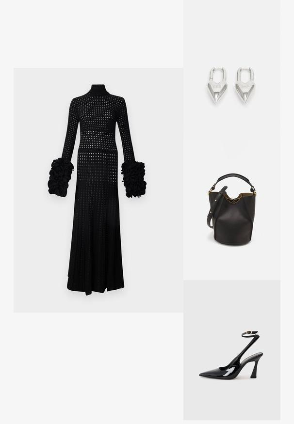 Langes schwarzes Kleid mit hohem Kragen, das ein offenes Strickdesign, gepuffte Ärmel mit strukturierten Akzenten und eine figurbetonte Silhouette aufweist.; Schwarze Lackleder-Slingbacks mit spitz zulaufender Zehenpartie, verstellbarem Knöchelriemen und moderatem Blockabsatz. Glatte Textur mit glänzender Oberfläche.; Schwarze Leder-Eimerhandtasche mit strukturierter Oberfläche, goldenen Hardware-Akzenten und offenem Design. Verfügt über einen kurzen Griff und einen verstellbaren Schultergurt.; Silberne herzförmige Vorhängeschlösser mit eingravierten "JA"- und "NEIN"-Texten, polierte Oberfläche, symmetrisches Design und einem robusten Metallverschluss.
