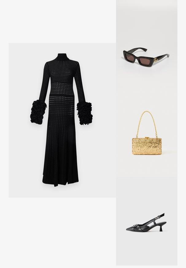 Ilgi melns kleita ar augstu kaklu, ar atvērtu adījumu dizainu, uzpūstām piedurknēm ar teksturētām akcentiem un pieguļošu siluetu.; Melnas ādas šlipsveida kurpes ar norādītu purngalu, dekoratīvām joslām ar metāla acīm un zemu bloku papēdi. Teksturēta virsma.; Melna bruņurupuču stila sauļošanās brilles ar taisnstūra lēcām, brūnu toņu, biezām rāmēm un zelta dubulto-G logo detaļu uz tempļa.; Zelta sekmju soma ar taisnstūra formu, kurai ir savīti ķēdes rokturi un metāla aizdare, kas atspoguļo gaismu ar teksturētu apdari.