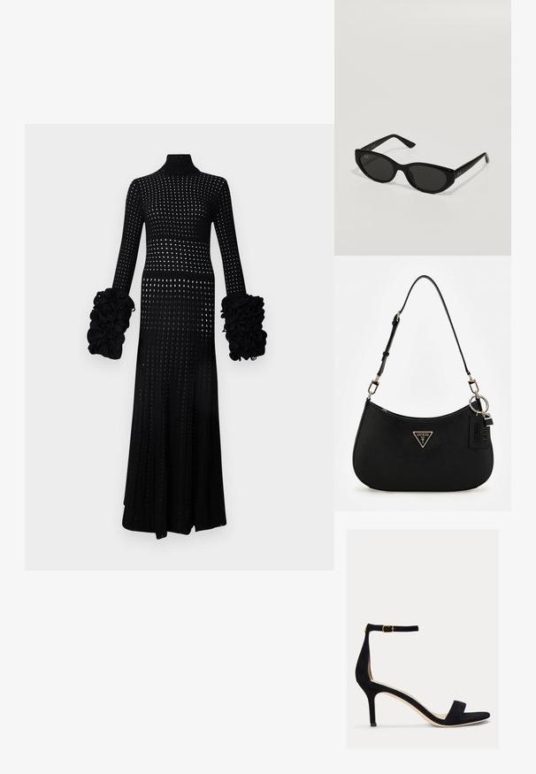Dlhé čierne šaty s vysokým golierom, otvoreným pleteným dizajnom, nafúknutými rukávmi s textúrovanými akcentmi a priliehavou siluetou.; Lauren Ralph Lauren ALLIE MID HEEL SUEDE SANDAL - Sandále - black; Čierne slnečné okuliare s úzkym, mačacím tvarom. Vyrobené z hladkého plastu, s tmavými sklami a jemnými logo akcentami na spánkoch.; Čierna syntetická plecnička s oblým siluetom, textúrovaným povrchom, zlatým trojuholníkovým logom a odnímateľnými kovovými detailmi.; Strieborný náhrdelník s jemným reťazcom a oválnym príveskom so zložitými detailmi a malým akcentom drahého kameňa.