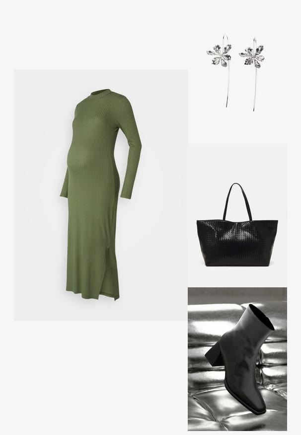 Črtast, dolg rokav materinski oblek v olivno zeleni barvi. Ima visok ovratnik in stranske razpoke za dodatno udobje in slog.; Črne gležnjarje iz sijočega materiala s kvadratnim prstom in zoženim peto, postavljene na sijoče srebrno oblazinjeno ozadje.; Črna tkanina torba s trdnimi ročaji, ki ima sijočo teksturo in prostoren odprt zgornji dizajn.; Srebrne uhani v obliki rože z teksturirano površino, ki imajo dolge kavljice in podrobnosti, podobne cvetnim listom, kar ustvarja zapleten dizajn.