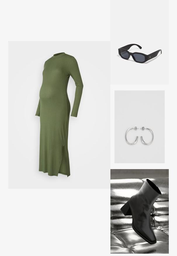 Črtast, dolg rokav materinski oblek v olivno zeleni barvi. Ima visok ovratnik in stranske razpoke za dodatno udobje in slog.; Črne gležnjarje iz sijočega materiala s kvadratnim prstom in zoženim peto, postavljene na sijoče srebrno oblazinjeno ozadje.; Črne sončne očala s pravokotnimi okvirji, mat površino, temnimi lečami in rahlo ukrivljenimi ročaji. Diskretna logotipna oznaka na enem ročaju.; Srebrne obročaste uhane z gladko, sijočo površino. Zaobljena oblika, lahka zasnova, z zapiranjem na zatič.