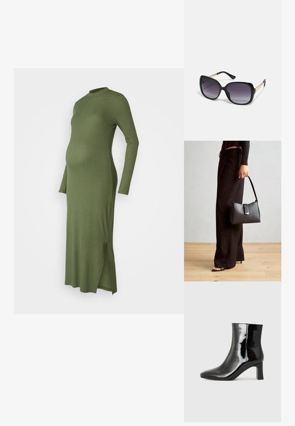 Ribota, ilgomis rankovėmis nėščiųjų suknelė alyvuogių žalia spalva. Suknelė turi aukštą kaklą ir šonines plyšius, suteikiančius papildomą komfortą ir stilių.; Juodos lakuotos odinės aulinukės su smailiu pirštu ir vidutinio aukščio blokuotu kulnu. Lygus paviršius ir minimalistinis dizainas.; Juodos didelės saulės akinių su pereinamais objektyvais, storomis rėmeliais ir auksinės spalvos grandinėmis ant šventyklų.; Juodas rankinė struktūrizuota forma, lygi tekstūra ir metalinis užsegimas. Suporuota su plačiomis juodomis kelnėmis ir atvirais bateliais ant medinių grindų.