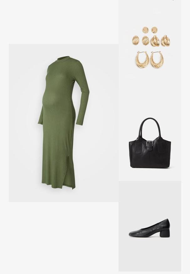 Ribota, garo piedevu grūtniecības kleita olīvzaļā krāsā. Tai ir augsts apkakle un sānu slīpslīpes, kas nodrošina papildu komfortu un stilu.; Melna ādas kurpe ar noapaļotu purngalu un vidēja izmēra blokkāju. Gluda tekstūra ar minimāliem dekoriem, ar delikātu elastīgu atveri.; Melnas ādas somiņa ar gludu tekstūru, strukturētu formu, divām rokturām un izteiktu sudraba sprādzi priekšpusē.; Zelta tonizēti auskari komplekts, kurā ir trīs pāri: teksturēti ovālie studu auskari, viļņota dizaina studu auskari, un lieli gredzenu auskari ar slāņainām ribām.