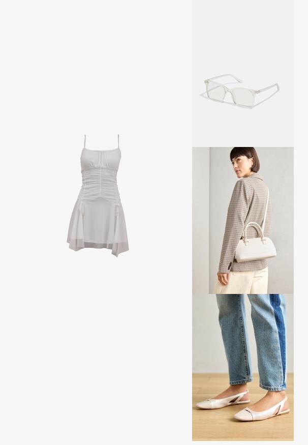 Valkoinen mekko, jossa on säädettävät olkaimet, kerroksellinen yläosa ja valuva hame, jossa on sivusiteet ja kerrostettu helma.; Vaaleanpunaiset slingback-ballerinat, joissa on terävä kärki, valmistettu sileästä nahkamaisesta materiaalista. Sivujen leikkuuyksityiskohdat ja tasapohja.; Selkeä muovinen neliönmuotoinen kehyslasit, joissa on läpinäkyvät linssit ja kultaset mäntäraudat lisäämään yksityiskohtia.; Valkoinen rakenteellinen käsilaukku, jossa on lyhyet kahvat ja olkahihna, varustettu kultaisilla metalliosilla ja tekstuurilla, esillä harmaata taustaa vasten.