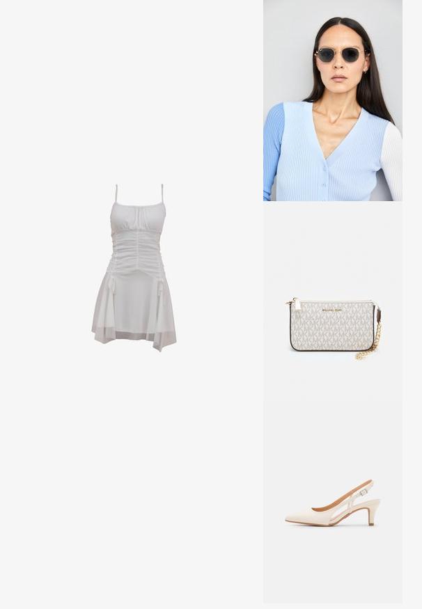 Robe blanche avec des bretelles spaghetti ajustables, un bodice froncé et une jupe fluide avec des liens sur le côté et un ourlet superposé.; Talons aiguilles blanches à bride arrière avec un bout pointu, un dessus lisse, un petit talon carré et un design avec découpes latérales et sangle réglable.; Lunettes de soleil rondes avec verres sombres et monture en or. Le modèle porte un cardigan à côtes bleu clair avec des boutons et des manches blanches contrastantes.; Porte-monnaie Michael Kors en toile enduite beige avec un motif répété de logo MK, des accessoires en or et une bandoulière en chaîne amovible.