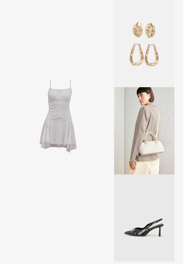 White dress featuring adjustable spaghetti straps, gathered bodice, and a flowing skirt with side ties and a layered hem.; Black patent leather slingback shoe with pointed toe, ankle straps featuring silver buckles and hardware, and a slender heel.; White structured handbag with short handles and a shoulder strap, featuring gold hardware accents and textured material, displayed against a grey background.; Gold-tone earrings featuring textured, wavy shapes. Includes sculptural clip-on studs and open hoop design with a hammered finish.