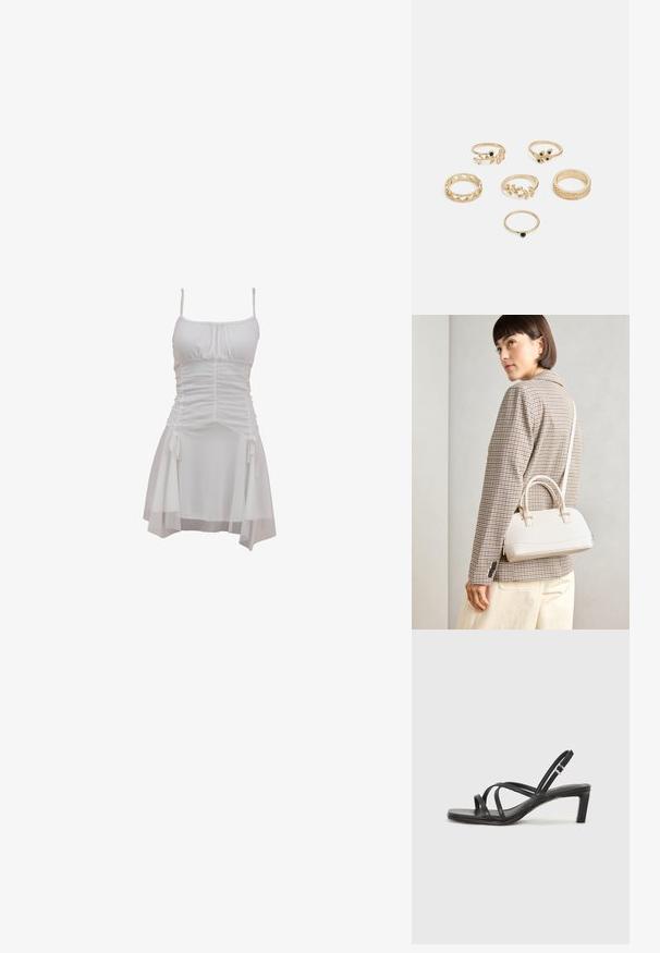 Biele šaty s nastaviteľnými ramienkami na špagety, zhromaždeným telom a splývajúcou sukňou so stiahnutiami po stranách a vrstveným lemom.; Čierne sandále na vysokom podpätku so štvorcovou špičkou a nízkym blokovým podpätkom. Obsahujú viacero tenkých popruhov a nastaviteľný členkový popruh. Vyrobené z hladkej kože.; Biela štruktúrovaná kabelka s krátkymi rúčkami a ramenným popruhom, s zlatými kovovými prvkami a textúrovaným materiálom, vystavená na šedom pozadí.; Sada šiestich zlatých prsteňov s rôznymi dizajnmi: pletené, s listovými motívmi a masívne prstene; niektoré s akcentmi zelených drahokamov.