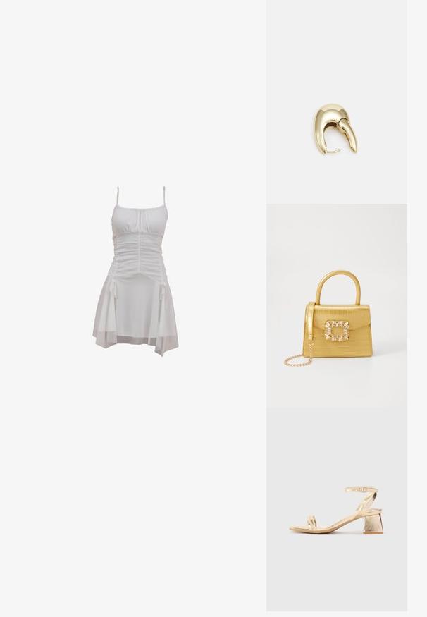 Valge kleit, millel on reguleeritavad õlapaelad, voltidega bodi ja voolav seelik külgside ning kihilise äärega.; Kuldmetalliline kontsaga sandaal, millel on nurkadega plokk-konts, kaks riba jala peal ja reguleeritav pahkluu rihm. Sujuv tekstuur.; Kollane faux-krokodilli käsipindaga kott, millel on struktureeritud disain, ülemine käepide, eemaldatav kettmass ja dekoratiivne kristallkaunistus klambril.; Kuldtooni metallist kõrvarõngas, millel on elegantne ja kaarjas disain. Omab silmapaistvat teravat kuju, poleeritud pinda ja hingesulgemist.