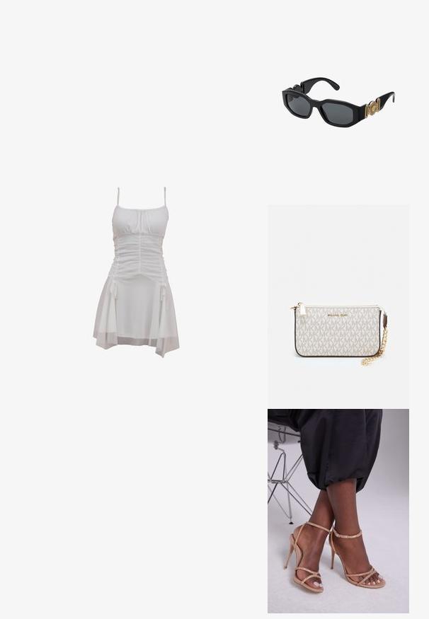 Bela obleka z nastavljivimi naramnicami, nabranim bodicem in ohlapno krilo z stranskimi vezalkami ter plastenim robom.; Bež sandale s peto in kristalnimi okrasnimi elementi, z odprtim prstom, tankimi trakovi in eleganco silhueto.; Črne sončne očala z masivnim geometrijskim okvirjem, temnimi lečami in zlatimi kovinskimi detajli na templjih, ki vsebujejo okroglo emblemo.; Michael Kors denarnica v bež lakiranem platnu z mišičnim vzorcem ponavljajočega se logotipa MK, z zlatim okovjem in snemljivo verižico.