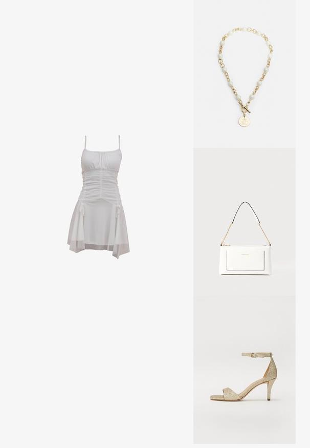 Bílé šaty s nastavitelnými ramínky na tenkých příčkách, nařaseným tělem a volnou sukní se bočními stuhami a vrstveným lemem.; Zlaté třpytivé sandály na vysokém podpatku s páskem kolem kotníku, otevřenou špičkou a čtvercovým předním držadlem. Disponují úzkým, tvarovaným podpatkem pro zvýšení výšky.; Bílá kožená kabelka s texturovaným povrchem, zdobená zlatým řetízkem a černými akcenty. Obsahuje přední kapsu a uzavírání na zip.; Zlatý náhrdelník s bílými korálky a kulatým přívěskem s embosovaným logem, zajištěný otočným zapínáním.