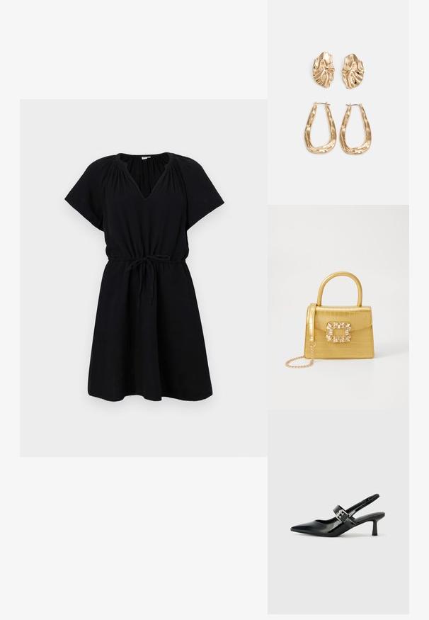 Svart kjole med korte ermer, V-hals, elastisk liv med snøring, og svingende A-linje skjørt. Laget av lett stoff.; Svarte patent lær slingback hæler med spiss tå og en liten blokkheel, med en sølvspenne som detalj på stroppen.; Gul faux-krokodille veske med en strukturert design, toppen håndtak, avtagbar kjede stropp, og dekorativ krystallbortsettelse på låsen.; Gullfargede øredobber med teksturerte, bølgete former. Inkluderer skulpturelle klipsstuds og åpen hoop-design med en hamret finish.