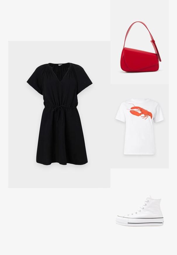 Svart kjole med korte ermer, V-hals, elastisk liv med snøring, og svingende A-linje skjørt. Laget av lett stoff.; Hvit bomull t-skjorte med et stort, lyst rødt hummermotiv på fronten. Korte ermer og standard rund hals-design.; Hvit høy-skinn kanvas sneakers med svart gummisåle, gummitåhette foran og seks hull for snorer, med et rent, minimalistisk design.; Rød lærveske med en vinklet, geometrisk design. Har en enkelt justerbar stropp og en klaffelukking med sydd detaljer.