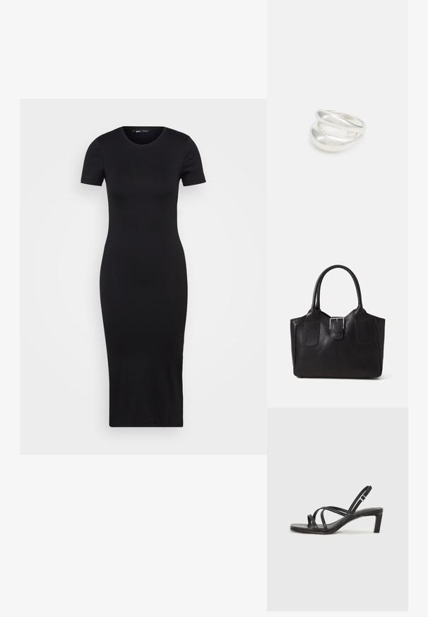 Musta ribbed midi mekko, jossa on pyöreä kaula-aukko ja lyhyet hihat, erottuva istuvuus, joka myötäilee vartalon muotoja. Sujuva pinta.; Mustat hihnalligat, joissa on neliön muotoinen kärki ja matala lohkokorko. Ominaisuuksiin kuuluu useita ohuita hihnoja ja säädettävä nilkkahihna. Valmistettu sileästä nahasta.; Musta nahkainen olkalaukku, jossa on sileä pinta, ryhdikäs muoto, kaksi kahvaa ja silmienpistävä hopeinen solkiyksityiskohta edessä.; Hopeinen kaksinkertainen rengas, jossa on sileä, kiillotettu pinta. Siinä on sulava, kaareva muotoilu, jossa on päällekkäisiä osia modernin ilmeen saavuttamiseksi.