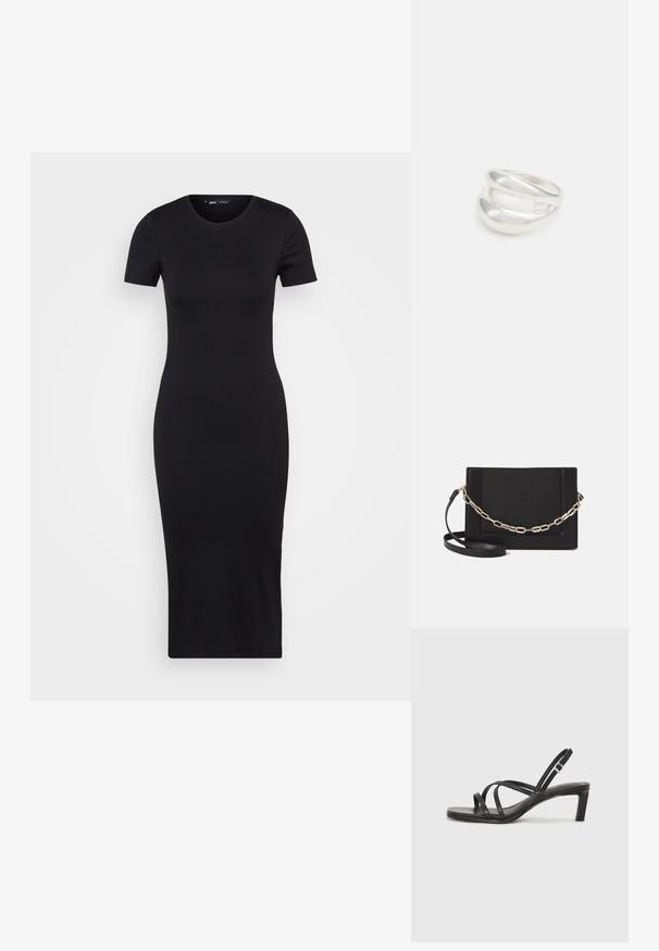 Črna rebrasta midi obleka z okroglim izrezom in kratkimi rokavi, ki se prilega silhueti in nežno objema telo. Gladka tekstura.; Črne natikače s trakovi in kvadratnim prstom ter nizkim blokastim peto. Imajo več tankih trakov in nastavljiv trak okoli gležnja. Narejene so iz gladkega usnja.; Črna usnjena torba čez ramo z gladko teksturo, pravokotno obliko in kovinskim verižnim detajlom spredaj. Vključena je nastavljiva naramnica.; Srebrn dvojni prstan z gladko, polirano površino. Ima tekoč, ukrivljen dizajn z prekrivajočimi se sekcijami za sodoben videz.