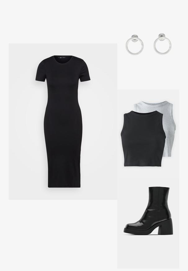 Crna rebrasta midi haljina s okruglim izrezom i kratkim rukavima, koja ima prilagodljiv siluetu koja prati tijelo. Glatka tekstura.; Even&Odd Petite 2 PACK - Top - light grey/black; Crne gležnjače s sjajnom površinom, četvrtastim vrhom i debelim blok petama. Dizajn ima besprijekornu siluetu i minimalno brendiranje.; Srebrne metalne naušnice u obliku prstena s brušenom teksturom, s kružnim dizajnom i prozirnom vrstom kopče za sigurno nošenje.