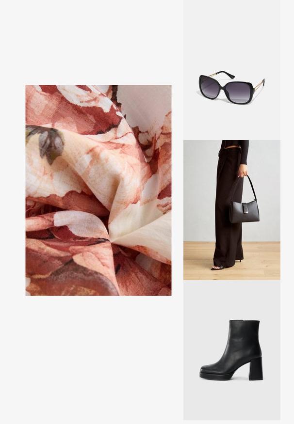 Next PUFF SLEEVE MIDI  - REGULAR FIT - Jurk - pink; Zwarte leren enkelboot met een blokhak en platformzool, zijaanzicht op een effen witte achtergrond.; Zwarte oversized zonnebril met gradient glazen, dikke montuur en gouden kettingdetails op de pootjes.; Zwarte handtas met gestructureerde vorm, gladde textuur en een metalen sluiting. Gecombineerd met brede zwarte broeken en sandalen met open teen op een houten vloer.