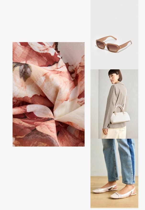 Next PUFF SLEEVE MIDI  - REGULAR FIT - Vardagsklänning - pink; Ljust rosa slingback-lägenheter med spetsig tå, tillverkade av ett slätt läderliknande material. Har utskurna detaljer på sidorna och en platt häl.; Bruna rektangulära solglasögon med gradientlinser, tjocka bågar och en logodetalj på sidan. Slätt plastmaterial, minimal design.; Vitt strukturerat handväska med korta handtag och en axelrem, med gyllene detaljer och texturerat material, visad mot en grå bakgrund.