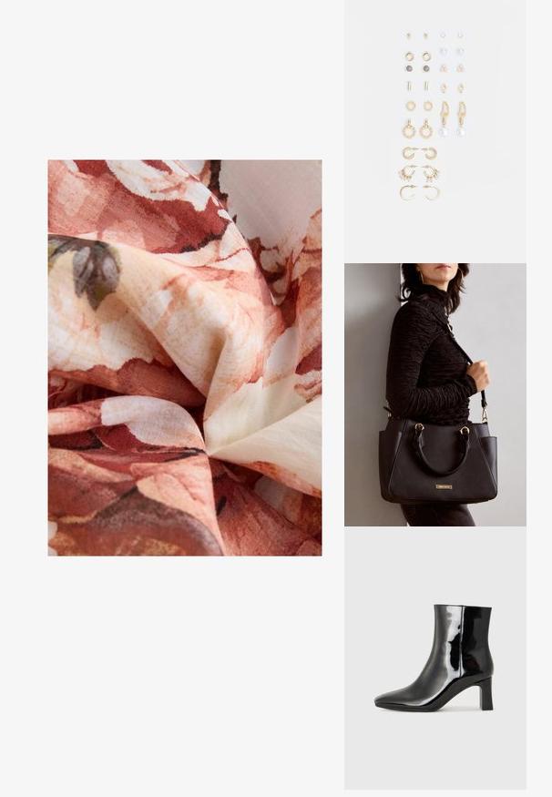 Next PUFF SLEEVE MIDI - REGULAR FIT - Vestito casual - pink; Stivaletto in pelle verniciata nera con punta a punta e tacco a blocco di altezza media. Texture liscia e design minimalista.; Borsa nera con superficie texturizzata, manici superiori doppi e tracolla regolabile. Dotata di hardware color oro e tasche laterali.; Set di orecchini in tonalità oro che presentano vari design, tra cui cerchi, orecchini a perno e pezzi pendenti con perle e strass.