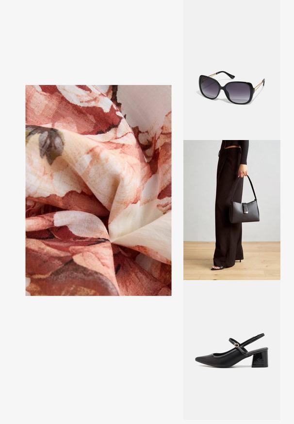 Next PUFF SLEEVE MIDI - REGULAR FIT - Päevakleit - pink; Mustad läikivad nahast slingback-kõrged kontsad, millel on terav nina, ümar lõikekujundus ja blokknina. Omab kuldset nupu aktsenti.; Mustad ümarad päikeseglaasid, millel on gradient objektiivid, paksud raamid ja kuldse tooni kettaga kaunistused tempelitel.; Must musta kott, millel on struktureeritud kuju, sile tekstuur ja metallist klamber. Kombineeritud laiate mustade pükstega ja avatud varvaste sandaalidega puidust põrandal.