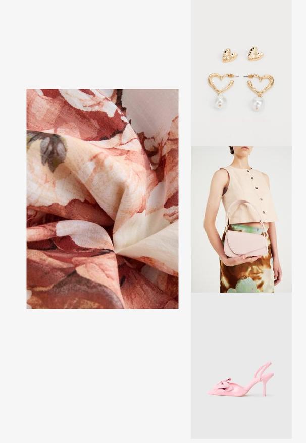 Next PUFF SLEEVE MIDI  - REGULAR FIT - Päevakleit - pink; Roosa patendise nahast slingback-kontsadega kingad, millel on terav nina, dekoratiivne pael ees ja õhuke stiletto-kontsa. Sile tekstuur.; Roosa nahast käekott, millel on kõver klapp, üks õlarihm ja puhtad jooned. Kotil on sile pind ja minimalistik disain.; Kuldtooni südamekujulised kõrvarõngad tekstuuriga viimistlusega, millel on rippuv pärl. Komplektis on kaasnevad südamekujulised kõrvaõrnad.