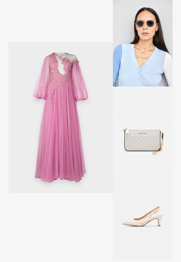 Dlouhé růžové šaty vyrobené z průsvitné látky, s průsvitným živůtkem a květinovou výšivkou, balónovými rukávy a splývavou sukní.; Bílé lodičky na podpatku s špicatou špičkou, hladkým svrškem, nízkým blokovým podpatkem a designem s bočním výřezem se stahovací sponou.; Kulaté sluneční brýle s tmavými čočkami a zlatými rámy. Modelka má na sobě světle modrý žebrovaný kardigan s knoflíky a kontrastními bílými rukávy.; Kabelka na zápěstí Michael Kors v béžové potažené plátno s opakujícím se vzorem loga MK, zlatými kovovými doplňky a odnímatelným řetízkovým popruhem.