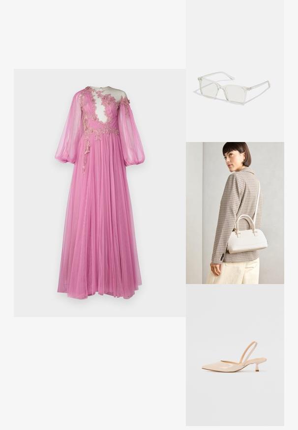 Duga ružičasta haljina od prozirnog materijala, s prozirnim korzetom ukrašenim cvjetnim vezom, balon rukavima i lepršavom suknjom.; Bež sandale od lakirane kože s uskim vrhom i tankim, kvadratnim potpeticom. Glatka tekstura i minimalistički dizajn bez ukrasnih detalja.; Prozirne plastične naočale kvadratnog okvira s prozirnim lećama, koje sadrže zlatne akcentne detalje na drškama.; Bijela strukturna torba s kratkim ručkama i remenom za rame, s zlatnim metalnim detaljima i teksturiranim materijalom, prikazana na sivoj pozadini.