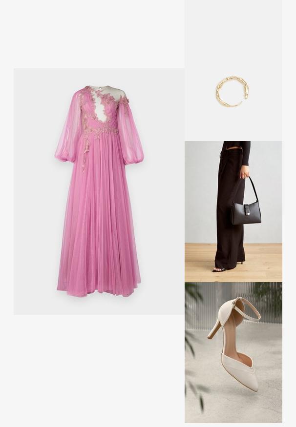 Pikk roosa kleit, mis on valmistatud läbipaistvast kangast, sisaldab läbipaistvat korpust lillekirjadega, pompoossid varrukad ja voolavat seelikut.; Valged kõrged kontsad siledast materjalist, terava ninaga ja pahkluu rihmaga. Omab heledat pruunikat sisetalu ja kuldset riistvara aktsenti.; Must musta kott, millel on struktureeritud kuju, sile tekstuur ja metallist klamber. Kombineeritud laiate mustade pükstega ja avatud varvaste sandaalidega puidust põrandal.; Kuldtoonis sõrmus, millel on orgaaniline, keerdunud disain sileda tekstuuri ja kitsenevate otstega, luues kaasaegse skulptuurilise välimuse.