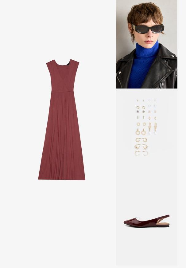 Long, sleeveless dress in muted rose color. Features a V-neck, pleated waistline, and smooth, lightweight fabric. Solid design, no patterns.; Burgundy patent slingback flats with a pointed toe, transparent cutout, and a flat black sole. Smooth texture, minimalist design.; Black sunglasses with rounded edges and tinted lenses. Features gold accent hardware on the temples. Worn with a blue ribbed turtleneck and leather jacket.; Set of gold-tone earrings featuring various designs, including studs, hoops, and dangling pieces with pearls and rhinestones.