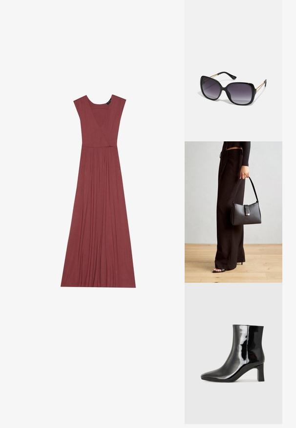 Lang, ermeløs kjole i dempet rosafarge. Har V-hals, plissert midje og glatt, lett stoff. Ensfarget design, ingen mønstre.; Sorte patentlær ankle boot med spiss tå og en mellomhøy blokkhelt. Glatt tekstur og minimalistisk design.; Sorte oversized solbriller med gradient linser, tykke rammer og detaljering med gulltonekjede på tempelarmene.; Svart håndveske med strukturert form, jevn tekstur og metallisk lås. Kombinert med brede svarte bukser og sandaler med åpen tå på tregulv.