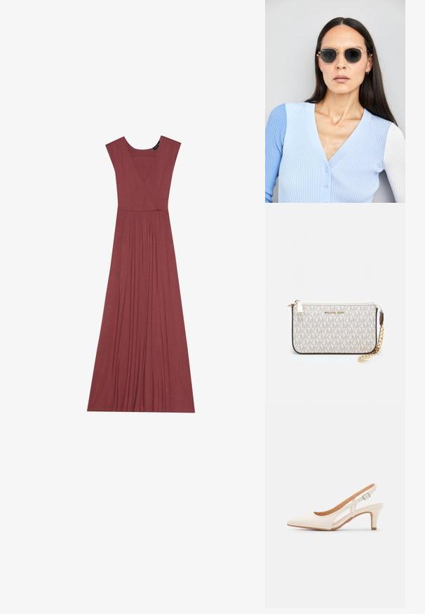 Garšs, bez piedurknēm tērps bālā rozā krāsā. Tam ir V veida dekoltē, krokota vidusdaļa un gluda, viegla auduma. Vienkāršs dizains, bez rakstiem.; Baltas siksniņveida papēdis ar smailu purngalu, gludu augšējo materiālu, zemu blokpapēdi un sānu izgriezumu dizainu ar regulējamu sprādzi.; Apaļas saulesbrilles ar tumšiem objektīviem un zeltītām rāmēm. Modelis valkā gaiši zilu, ribotu kardigānu ar pogām un kontrastējošām baltām piedurknēm.; Michaela Korsa rokassomi bez̦ā īšojuma, kas izgatavota no apklāta kanvas, iekļaujot atkārtotu MK logotipa rakstu, zelta aparatūru un noņemamu ķēdes siksnu.