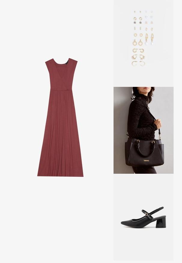 Langes, ärmelloses Kleid in gedämpftem Rosaton. Mit V-Ausschnitt, plissiertem Taillenbund und glattem, leichtem Stoff. Schlichte Ausführung, keine Muster.; Schwarze Lackleder-Slingback-Absätze mit spitzer Zehenform, einem runden Ausschnitt-Design und einem Blockabsatz. Mit einem goldfarbenen Schnallenakzent.; Schwarze Handtasche mit strukturierten Oberflächen, doppelten Obergriffen und verstellbarem Schultergurt. Mit goldfarbener Hardware und Seitentaschen.; Goldfarbene Ohrringe in verschiedenen Designs, darunter Stecker, Creolen und hängende Modelle mit Perlen und Strass.