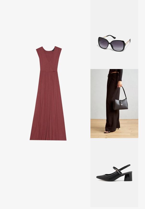 Langes, ärmelloses Kleid in gedämpftem Rosaton. Mit V-Ausschnitt, plissiertem Taillenbund und glattem, leichtem Stoff. Schlichte Ausführung, keine Muster.; Schwarze Lackleder-Slingback-Absätze mit spitzer Zehenform, einem runden Ausschnitt-Design und einem Blockabsatz. Mit einem goldfarbenen Schnallenakzent.; Schwarze übergroße Sonnenbrille mit getönten Gläsern, dicken Rahmen und goldfarbener Kettendetaillierung an den Bügeln.; Schwarze Handtasche mit strukturierter Form, glatter Textur und einem metallischen Verschluss. Kombiniert mit weiten schwarzen Hosen und offenen Sandalen auf einem Holzboden.