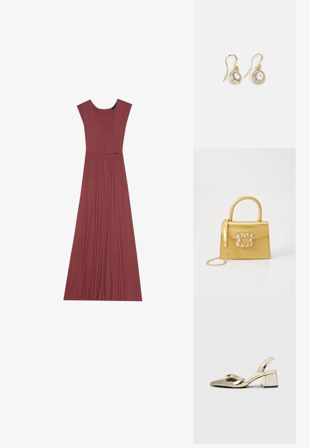 Dolga brezrokavna obleka v zmerni roza barvi. Ima V-izrez, nabran pas in gladko, lahko blago. Enostavna zasnova, brez vzorcev.; Zlati, kovinski slingback čeveljci z ostrim nosom in masivnim peto. Gladka tekstura, minimalistična zasnova in ozka zanka.; Rumeno usnjeno-usnje z vzorcem krokodila, s strukturiranim dizajnom, zgornjo ročajem, snemljivo verižico in dekorativnim kristalnim okrasjem na zaponki.; Zlato obarvani uhani z ovalnimi prozornimi kristali, ki jih obdajajo manjši prozorni kamenčki, s sistemom za oblačenje za varno nošenje.