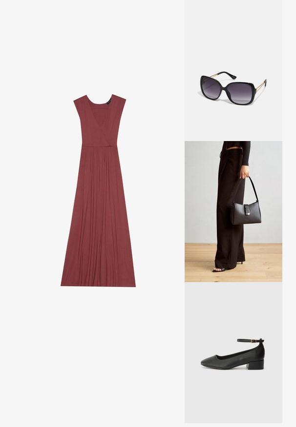 Lang, udenærmet kjole i dæmpet rosa farve. Har en V-udskæring, plisseret talje og et blødt, let materiale. Ensfarvet design, ingen mønstre.; Sorte læderpumper med spids tå og en lav blokhæl. Har en ankelrem med en guldfarvet spænde. Glat tekstur.; Sorte oversized solbriller med gradientlinser, tykke stel og guldfarvet kæde detaljer på tempelarmene.; Sort håndtaske med struktureret form, glat overflade og metalspænde. Sammen med brede sorte bukser og sandaler med åben tå på trægulv.