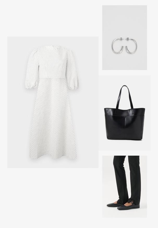 Valge kleit, millel on vertikaalsed ja diagonaalsed mustad triibud, ümmargune kaelus ja lühikesed puhv-õlad, valmistatud kergest ja siledast kangast.; Mustadast mustast nahast balletkingad terava ninaga, millel on rihm hõbedase klambriga, kokku sobitatud mustade ülikondpükstega, millel on lõhiku serv.; Must mustaga musta nahast, millel on kaks pikka kanda, sile tekstuur ja struktureeritud kuju. Esipoolsel on lisakoti jaoks tasku.; Hõbedast rõngaskõrvarõngad sileda ja läikiva pinnaga, kõveriku kujuga ning postitaksega sulgur. Minimalistlik disain kaasaegse viimistlusega.