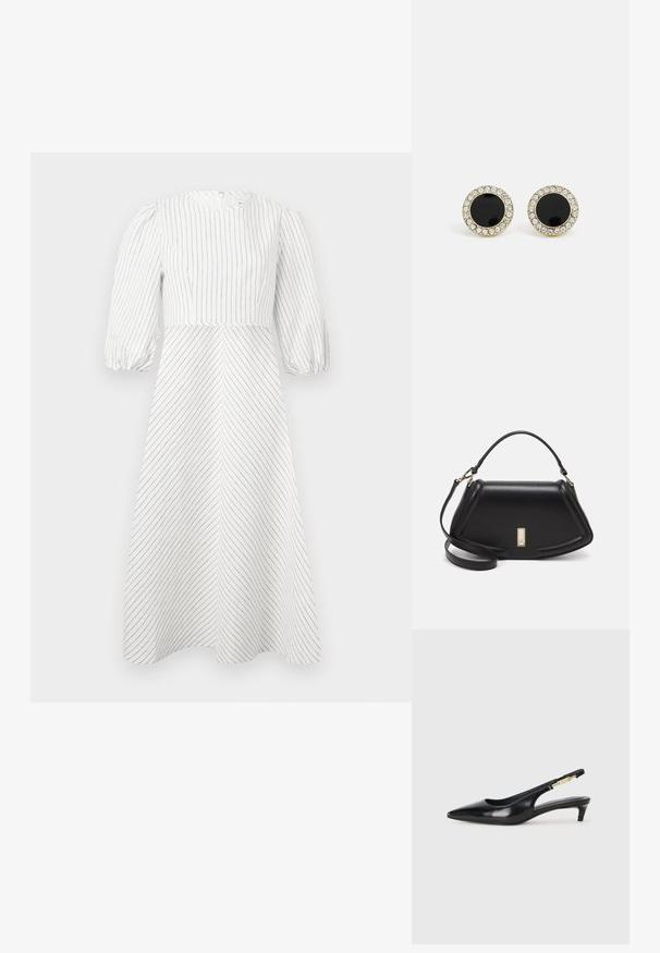 Fehér ruha függőleges és diagonális fekete csíkokkal, kerek nyakkivágással és rövid puffos ujjal, könnyű, sima anyagból készült.; Fekete bőr slingback magassarkúk, hegyes orral, vékony sarkakkal és arany színű részlettel a állítható pánton. Simа felület.; Fekete bőr kézitáska, strukturált dizájnnal, rövidített formával, felső fogantyúval és arany színű kiegészítőkkel. Állítható vállpánt is tartozik hozzá.; DKNY INLAY STUD - Fülbevalók - black/gold-coloured