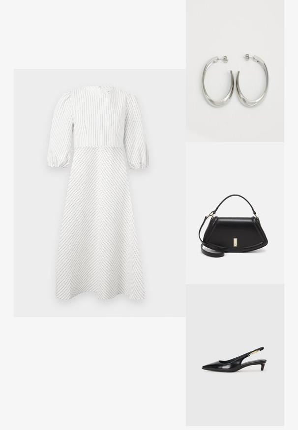Witte jurk met verticale en diagonale zwarte strepen, ronde halslijn en korte pofmouwen, gemaakt van een lichte, soepele stof.; Zwarte leren slingback hakken met een spitse neus, voorzien van een slanke hak en een goudkleurige accent op de verstelbare band. Gladde textuur.; Zwarte leren handtas met een gestructureerd ontwerp, featuring een verkorte vorm, bovenhandvat en gouden hardwareaccent. Inclusief verstelbare schouderband.; Zilveren oorringen met een gladde, gebogen vorm. Voorzien van een glanzende metallic afwerking en studsluiting. Geen zichtbare patronen of accenten.